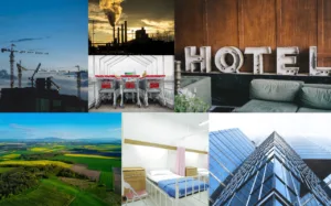 collage de múltiples fotos que representan los sectores promotor/constructor jurídico, hotelero, agropecuario, y distribución e industria